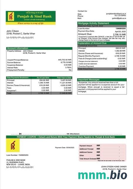 Indie Bank Punjab & Sind wyciąg z kredytu hipotecznego szablon Word i PDF